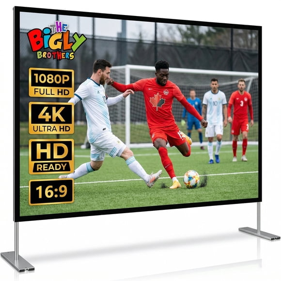 The Bigly Brothers 100-inch Projector Screen with Stand, 4K HD Indoor/Outdoor 16:9 Projection for Home Theater, Gaming, Business, Schools and Weddings, 3D Fast-Folding Screen with Legs and Carry Bag