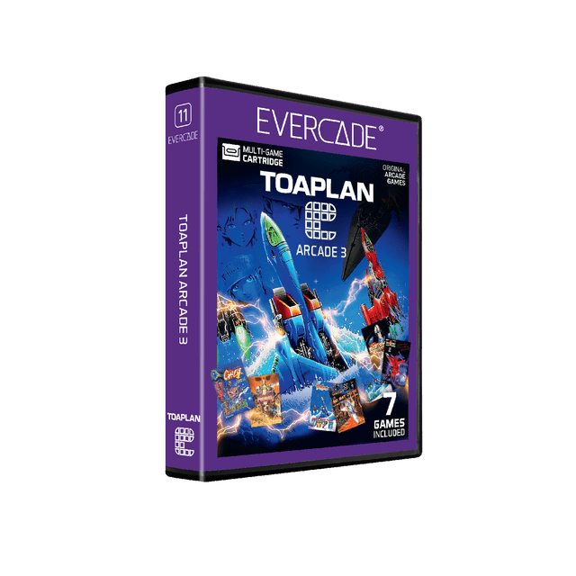 Evercade Toaplan Arcade Collection 3 cartridge case with purple border featuring artwork of blue and red arcade fighter jets with lightning effects, showcasing seven classic retro arcade game covers included in this multi-game cartridge for classic arcade gaming.