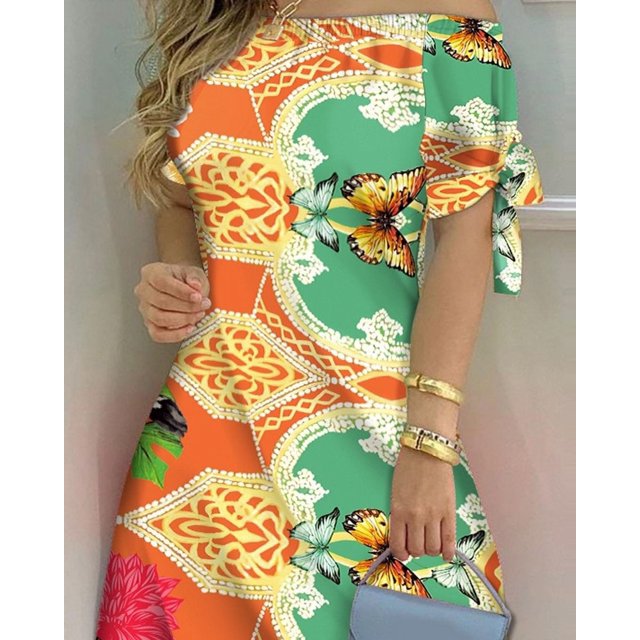 Femmes Casual Mini Robe d'Été Rayé Épaule Manches Courtes A-Ligne Robe Courte