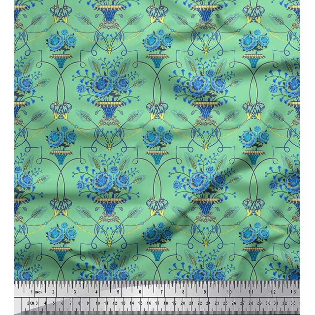 Soimoi Poly Georgette Fabric Pot & Artistic Flower Printed Fabric 1 Yard 52 Inch Wide