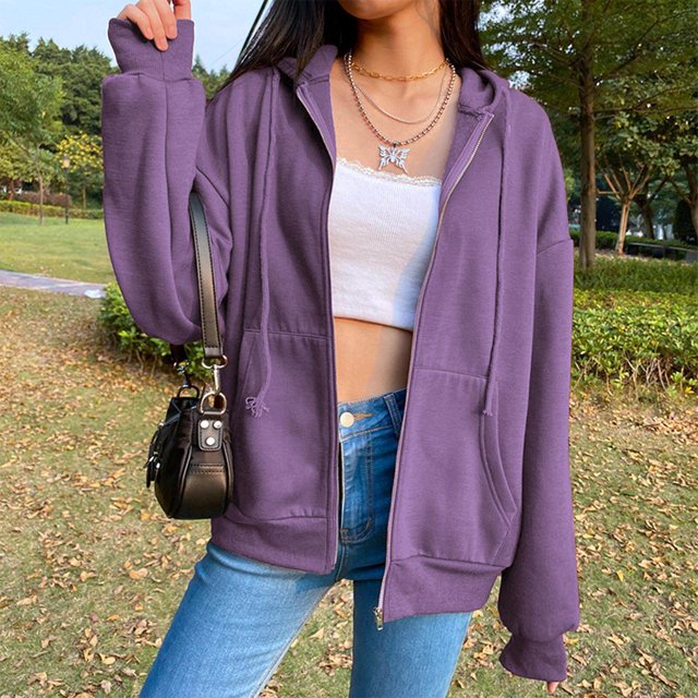 Chandails à Capuchon Zippés pour Femmes en Mélange de Coton Uni Veste à Capuchon pour Femmes Haut Ample Violet P