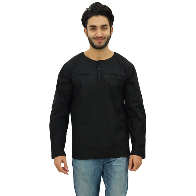 Atasi Kurta Court à Col Rond pour Homme en Coton Manches Retroussables Chemise Ethnique Noire-Xxx-Grand