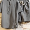 thumbnail image 4 of Two Piece Pants Sets Mens Two Piece Solid Cotton Linen Short Sleeve V Neck Tops and Shorts Set, 4 of 5