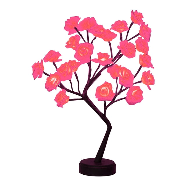 Boovnll Desk Lamp, Rose Flower Table Tree Light 24 Leds Desk Top Bonsai Lighted Tree Battery Operated Usb Plug Powered Tree Table Lamp Rose Flower Desk Tree Lamp for Home Party We, Table Lamp