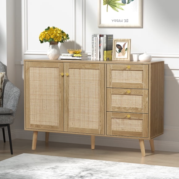 Eumyviv Sideboard Buffet Cabinet for Dining Room Hallway Kitchen, Accent Storage Cabinet with 2 Rattan Doors and 3 Drawers,Natural Oak H0088