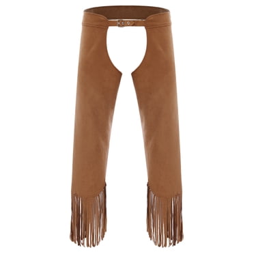 Yhong Mens Cowboy Motorcycle Chaps Pants Tassel Adjustable Buckles Chaps Trousers Hippie Costume Brown L
