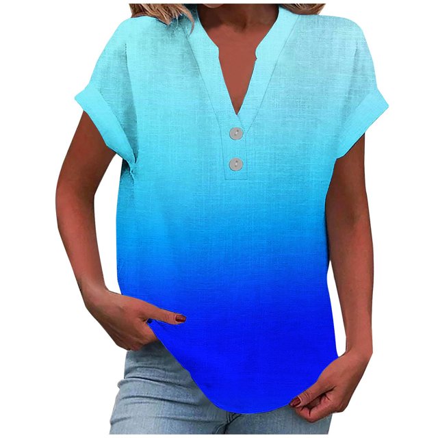 fatyb Womens Printed V Neck Tops Short Sleeve Button V Neck Tshirts Lightweight Summer Beach Blouses