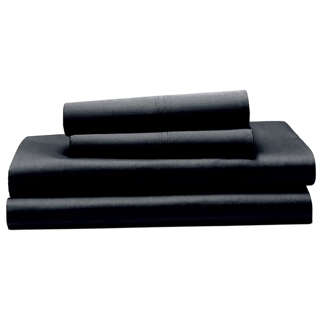 Hometrends 400 Thread Count 100% Cotton Sheet Set - Sateen in black, folded to display smooth, silky sateen fabric with stitching detail, including bed sheets and pillowcases designed to fit mattresses up to 15 inches deep.