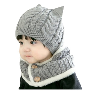 Fgnfyis Winter Hat Baby Boy Girl Toddler Cat Hat with Scarf Lined Knitted Cap Neckwarmer for Kids 2 Pieces Gray One Size