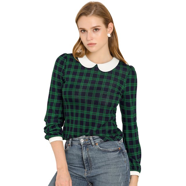 INSPIRE CHIC Chemise à Carreaux à Manches Longues Contrastées pour Femme à Col Peter Pan