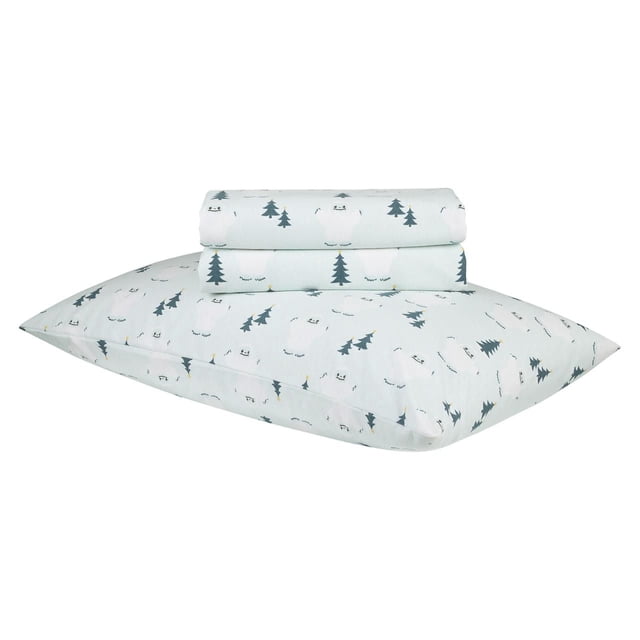 Ensemble de Draps en Flanelle des Fêtes avec Draps Pliés et Taie d'Oreiller en Blanc avec Pins Vert Foncé et Imprimés d'Ours Polaire Blancs, Fabriqué à Partir de 100 % de Meilleur Coton pour une Douceur Respirante et une Chaleur durable Lors des Nuits Fraîches, Convient à une Literie d'Hiver Douillette.