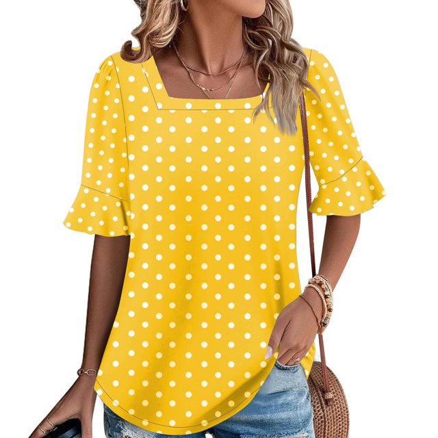 Wensltd Blouse d'Été Ample pour Femme à Imprimé, Manches à Volants, Encolure Carrée