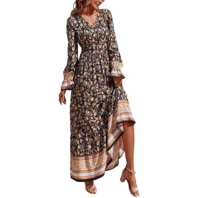 Robe Maxi à Manches Longues pour Femmes - Col en V, Décontractée, Boutonnée, Bohème, à Imprimé Floral, Automne, Longues Robes