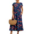 thumbnail image 1 of Innerwin Robe d'Été de Plage à Manches Courtes pour Femme, Longue Robe de Fête, Col Rond, Caftan, Maxi, Bleu Rouge, Fleur, TG, 1 of 2