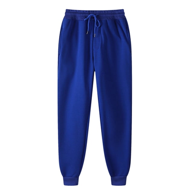 Yuyuzo Plus Size Sweatpants for Women in a thick, solid blue color. These workout jogging pants feature an elastic waistband with a drawstring, side pockets, and cuffed ankles. Designed for comfort and style, they are available in size XXXXX-Large (US 18, UK 22, EU 48) with measurements of 122cm hip, 92cm waist, and 110cm length.