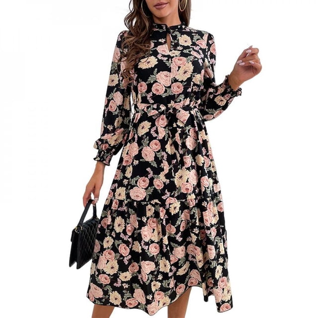 Liquidation Finale! Robe à Imprimé Floral pour Femmes, Col Montant, Manches Longues Bouffantes, Robe Trapèze en Mousseline, Fluide, de Soirée, Longue Maxi