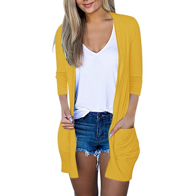AherBiu Womens Cardigan Tops Long Sleeve Open Front Mid-Long Outwear with Pockets Spring Clothes
