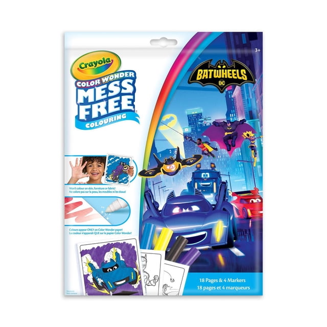 Crayola Color Wonder Mess-Free Colouring Pages & Mini Markers featuring Batwheels characters, includes 18 mess-free colouring pages and 4 mini markers that only work on special Color Wonder paper to prevent marks on skin, furniture, or fabric, suitable for stress-free kids' art activities.