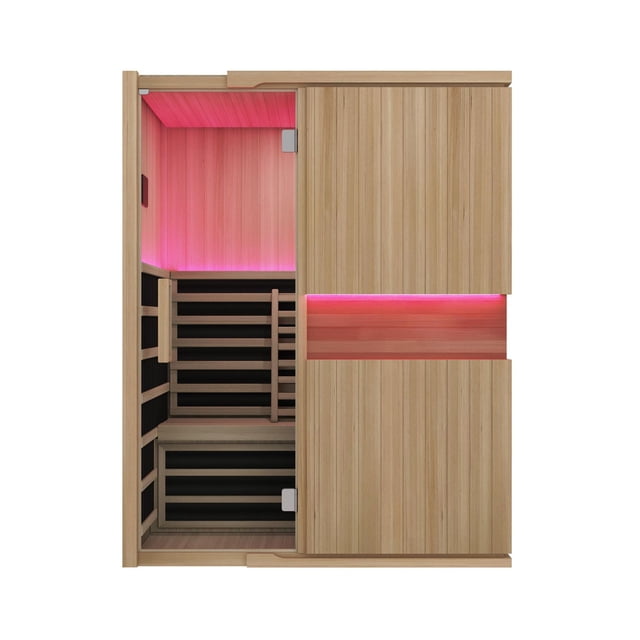 Blisspod 3-Person Full Spectrum Sauna Hemlock Low EMF with top-down view showing Canadian Hemlock wood interior, seven full-spectrum infrared heaters including carbon panels on walls and bench, and pink chromotherapy LED lighting for enhanced detoxification and relaxation benefits.