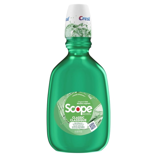 Crest Scope Classic Rince-Bouche, Menthe Originale dans une Bouteille Verte Translucide de 1,5 L avec un Bouchon Blanc de Marque Crest, Étiquetée pour Éliminer des millions de Bactéries de la Mauvaise Haleine et Offrir une Haleine Fraîche et Nette.