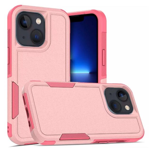 PST iPhone 15 Plus / 14 Plus Hard Case, Dual Layers Heavy Duty Rubber Armor Bumper Hard Case Cover in a pink finish. The case features a solid PC back cover and a soft TPU bumper for dual-layer shockproof protection. It includes four anti-fall airbag corners and raised edges around the screen and camera lens for enhanced drop protection. Precise cutouts and tactile buttons ensure easy access to all phone features. Suitable for iPhone 15 Plus and 14 Plus models.