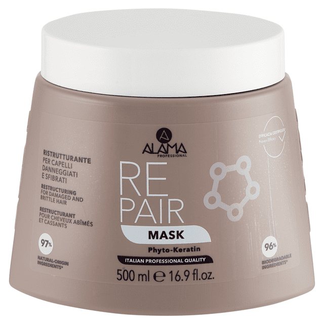 Alama Masque Réparateur Sans Gluten 500 ml dans un Pot en Plastique taupe avec Couvercle Blanc, Masque Capillaire avec Phyto-Kératine pour Restructurer les Cheveux Abîmés et Cassants, avec 97 % d'Origine Naturelle et 96 % d'Ingrédients Biodégradables, Idéal pour le Démêlage et un Traitement Anti-Frisottis.
