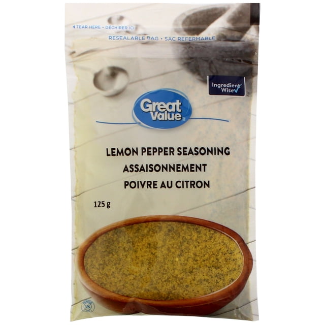 Great Value Assaisonnement Citron-Poivre dans un Sachet Refermable de 125 g avec Texte Bilingue Anglais et Français, Montrant le Mélange d'Assaisonnement dans un Bol en Bois, Idéal pour Ajouter des Saveurs d'Agrumes et Poivrées aux Fruits de Mer, au Poulet et aux Légumes pour la Cuisson au Garde-Manger.