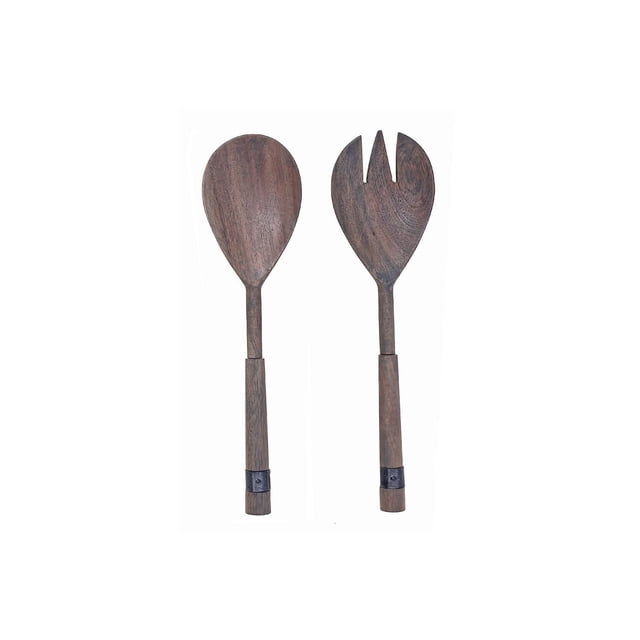 IH Casa Decor Gray Acacia Wood With Riveted Gunmetal 2 Pc Salad Server Set with a wooden spoon and fork featuring long handles, gray acacia wood finish, and riveted gunmetal bands near the base, ideal for serving salads and mixing ingredients in the kitchen.
