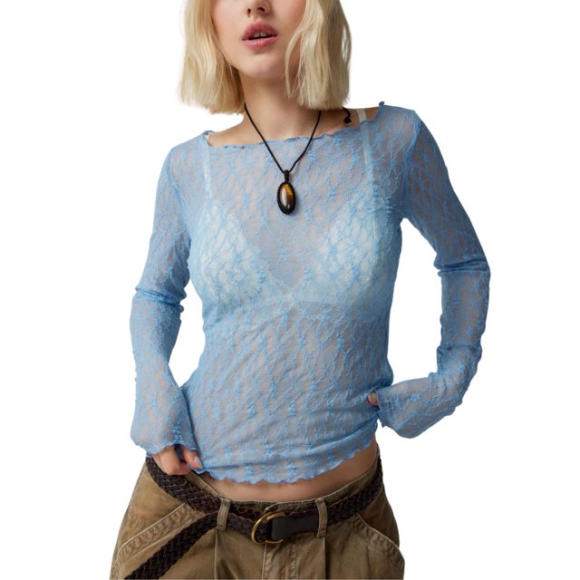 Faithtur Femmes Été Pure Crop Tops Manches Longues Équipée Dentelle Courte Sortir Tops pour la Fête