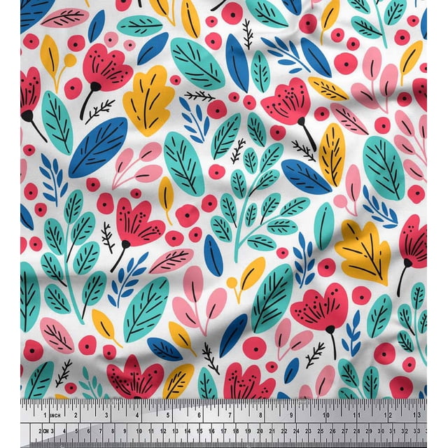 Soimoi Green Poly Georgette Fabric Artistic Leaf & Floral Print Fabric by Yard 42 Inch Wide