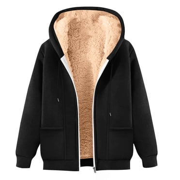 Ecqkame Womens Mens Fleece Hooded Sweatshirts Unisex Sherpa Full Zip Solid Color Long Sleeve Winter Warm Hoodies With Pockets Black XL