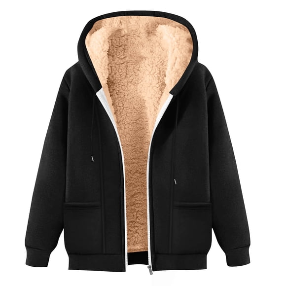 Ecqkame Womens Mens Fleece Hooded Sweatshirts Unisex Sherpa Full Zip Solid Color Long Sleeve Winter Warm Hoodies With Pockets Black XL