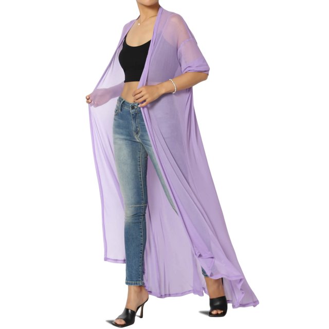 TheMogan Cardigan Long à Manches Longues en Maille pour Femmes Mi-Mollet Caftan Transparent