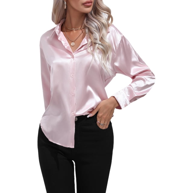 Innerwin Shirts Long Sleeve Ladies Tunic Tops Office Button Down Soft Blouse Pink L