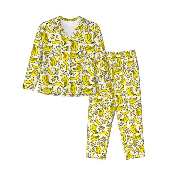 Lsque Banana Pattern Long Sleeve Pajama Set for Women - Soft 2-Piece Sleepwear and Loungewear Set with Pockets, Comfy Nightwear-Small