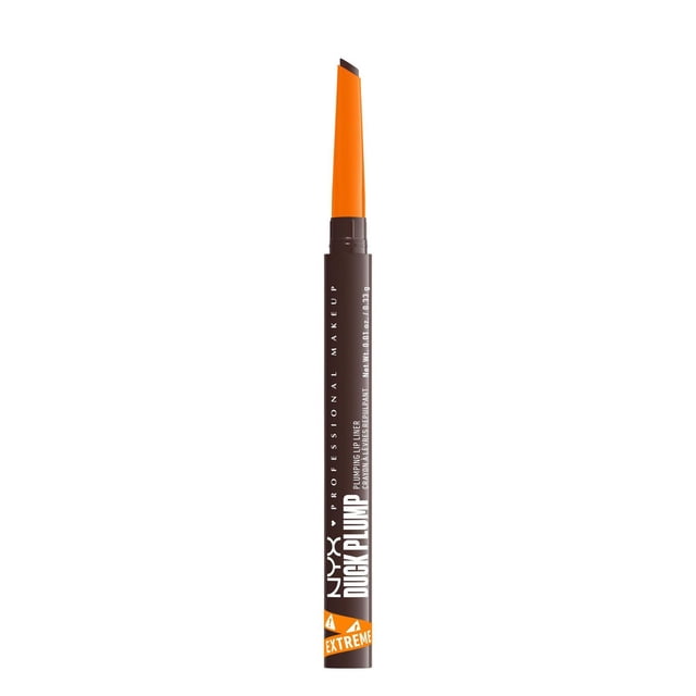 NYX Professional Makeup Duck Plump Plumping Lip Liner with a slim, retractable pencil and dual-edged precision tip, featuring an orange cap and dark brown liner tip, designed for precise lip contouring and plumping, suitable for enhancing natural lip shape in the beauty lip liner category.
