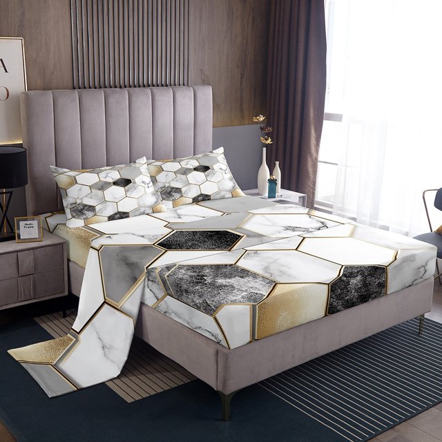 Marble Kids Sheets Full Size For Boys Teens Golden Metallic Bed Sheets Set Geometric Hexagon Sheet Set White Gray Stone Pattern Bed Set