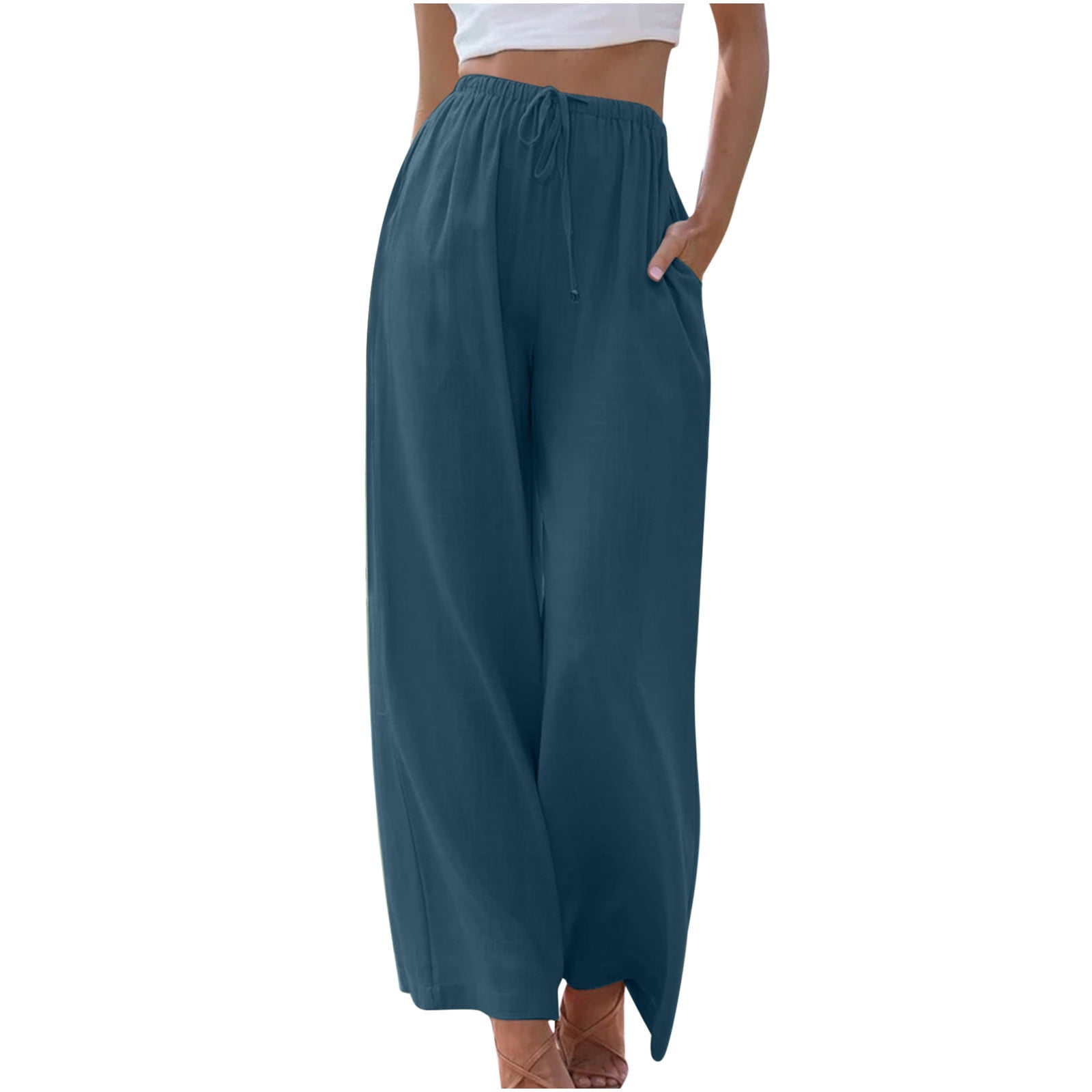 Womens Wide Leg Pants Womens Casual Solid Pants Comfortable Elastic High Waist Wide Leg Casual Length Pants Elastic Waist Pants for Women High Waist Pants for Women