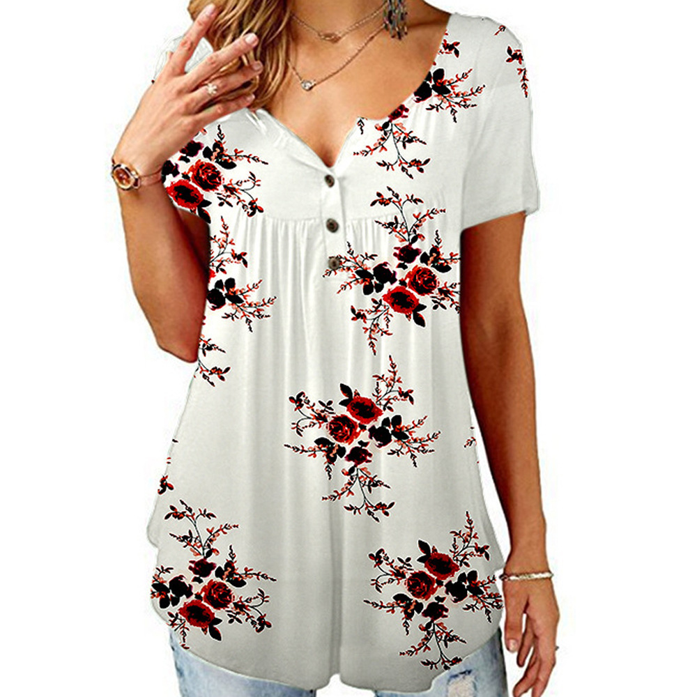 Womens Summer Floral V Neck Blouses Loose Baggy Tops Tunic T Shirts