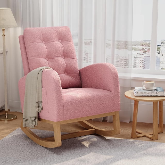 Twister.CK Modern Rocking Accent Chair, Upholstered Rocker Glider with Side Pocket, for Living Room, Bedroom, Nursing Room, Pink