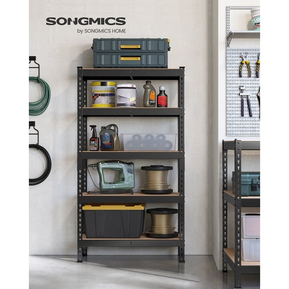 SONGMICS 5-Tier Storage Shelves, Load 1050 kg, Garage Storage, Boltless Assembly, Adjustable Shelving Unit, 30 x 75 x 150 cm, for Study Shed Basement, Black and Natural Beige