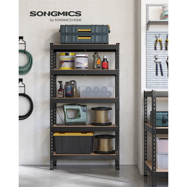 SONGMICS 5-Tier Storage Shelves in black and natural beige, featuring a reinforced steel frame and MDF shelves. The shelving unit measures 30 x 75 x 150 cm and is shown in a garage setting, holding various tools, containers, and equipment. Each shelf supports up to 386 lb, with adjustable height and boltless assembly for convenience. Includes an anti-tip kit for safety.