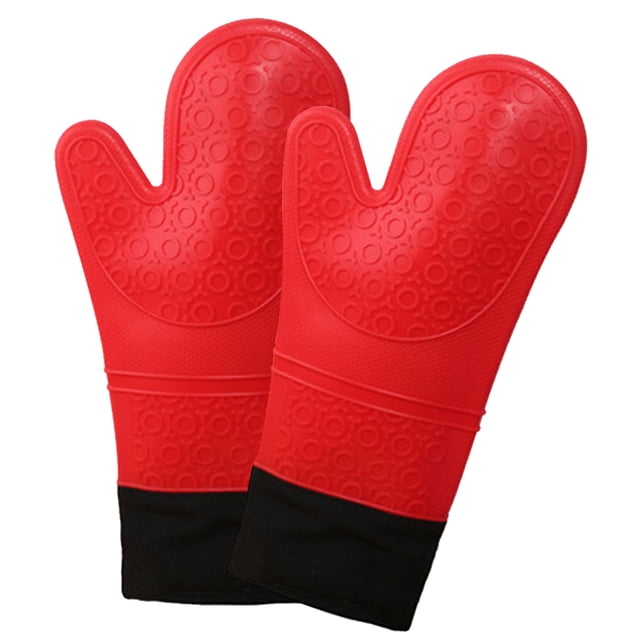 Oven Mitts - Silicone Oven Mitt Heat Resistant 500 Degrees in red color with textured non-slip grip and black cuffs. Waterproof and FDA approved, designed for cooking and baking, featuring a soft cotton inner lining for comfort and heat protection. Suitable for handling hot pans, plates, and utensils.