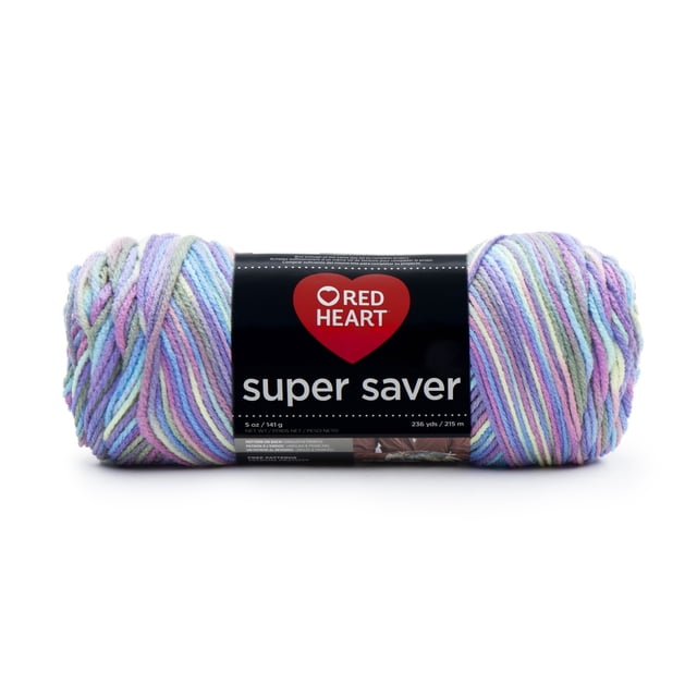 Red Heart® Super Saver® Fil, Imprimés, Acrylique #4 Moyen, 5oz/142g, 236 Yards, Écheveau de Fil Acrylique de Poids worsted en Couleurs pastel Panachées Incluant Violet, Bleu, Vert et Rose, Enveloppé d'Une Étiquette Noire Présentant le logo Red Heart et les Détails du Produit, Idéal pour le Tricot, le Crochet et Convient à l'Artisanat de Projets Durables.