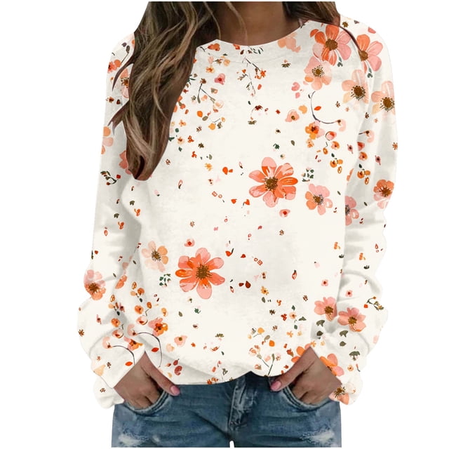 KIHOUT Chandails Molletonnés pour Femmes en Liquidation, Hauts Blouse à Manches Longues d'Automne et d'Hiver à Col Rond à Imprimé Floral, Coupe Ample, Taille P-2TG