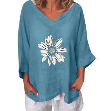 RKSTN Hauts Grande Taille pour Femmes Coton et Lin Mode T-shirt Imprimé Mignon Col en V Manches Longues Blouse Décontractée Ample