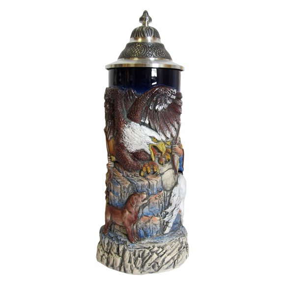 Griffin Stein, cobalt, handpainted, ptd. pewter lid, 0.75 liter tankard, beer mug