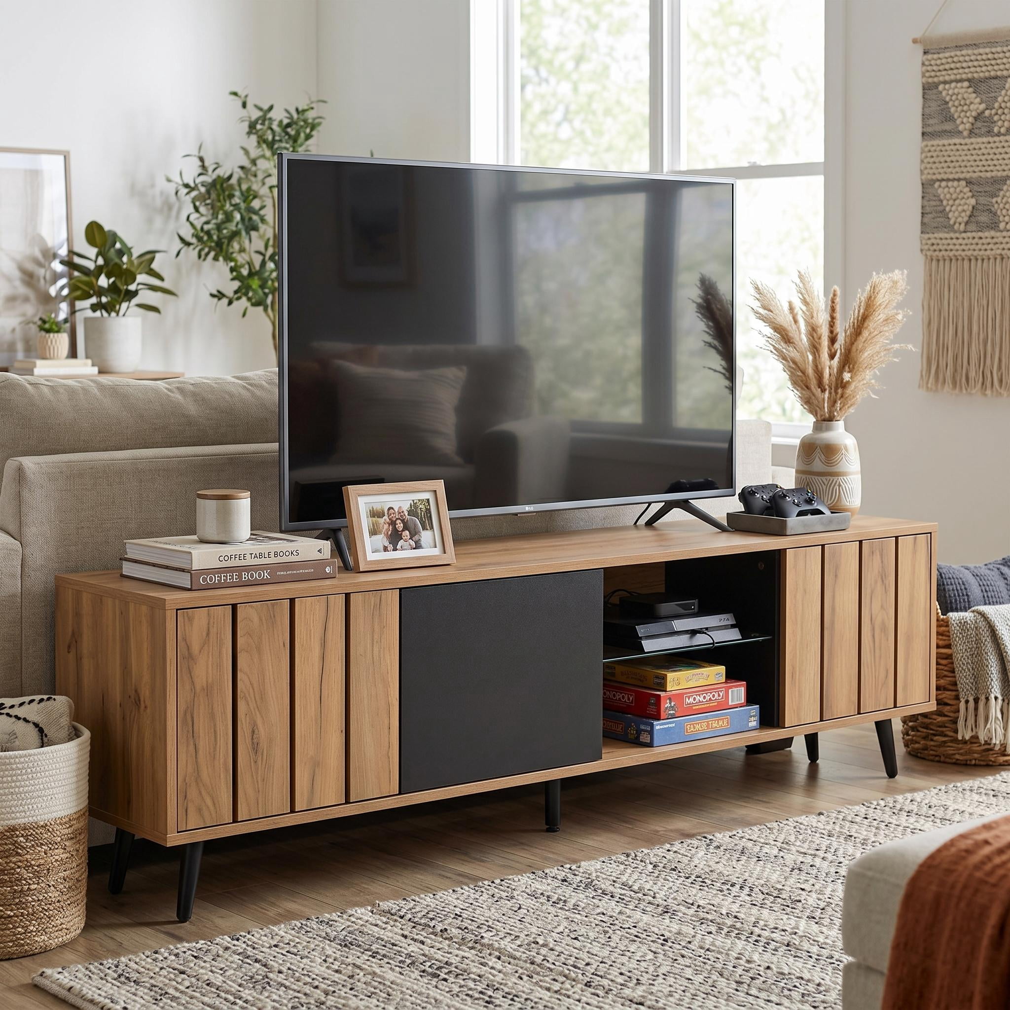 Homy Casa 65" TV Stand, Modern Media Console with Doors, Tempered Glass Shelf, Cable Holes, Natural Wood Black