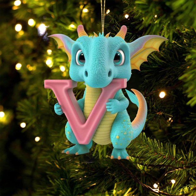 Fridja Personalized Dinosaur Christmas Ornament 26 Letters Hanging Pendant Ornaments 2024 Plastic Initial Monogram Xmas Tree Decorations with Hanging Rope Unique Customized Fun Gift for Kids (V)
