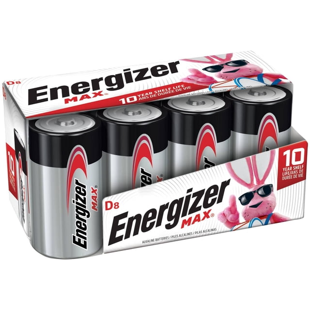 ENERGIZER ENR MAX D8 Lot de Huit Piles Alcalines avec Boîtier Argenté et Noir et logo ENERGIZER MAX Rouge, Présentées dans un Emballage de Marque Mettant en Vedette la Mascotte ENERGIZER Bunny et une Durée de Conservation de 10 Ans, Convenant aux Appareils Électroniques à Usage Général.